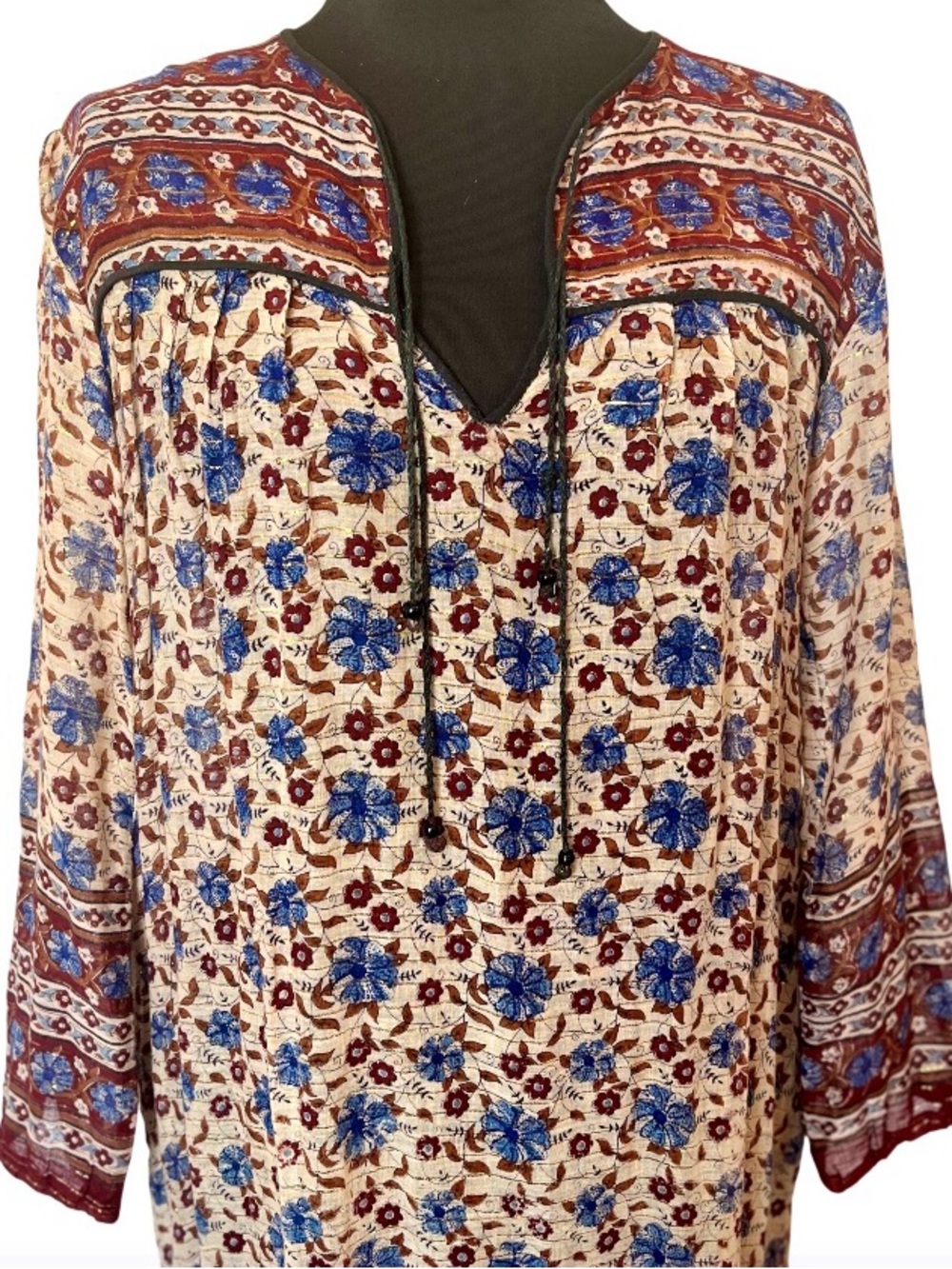 Vintage Indian Dress Cotton Gauze Floral Block Print Lurex 1970s Kaftan Dress